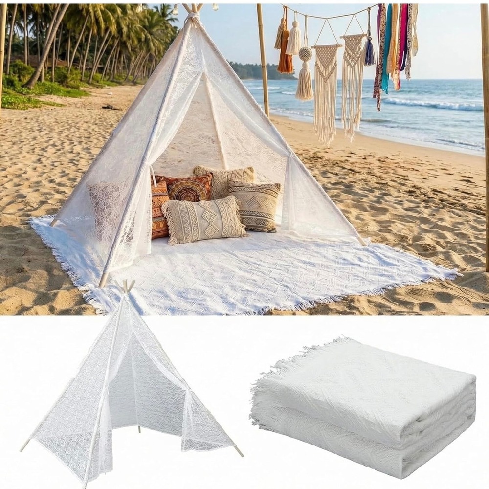 Lace Teepee Tent & Large Blanket Boho Picnic Beach Fairy Festival Romantic Prop